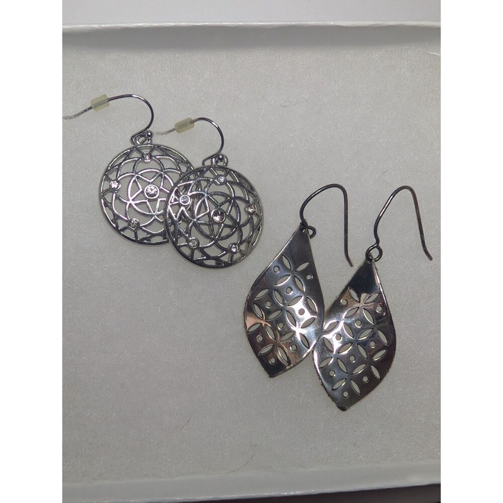 Silver Tone Geometric Filigree Drop Earring Lot Mandala Marquise 2 Pairs